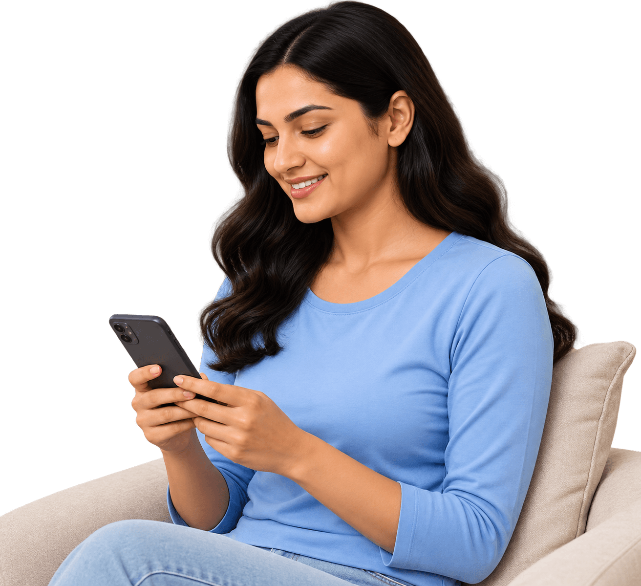Woman sitting on sofa smiling while booking ABPM service on her phone