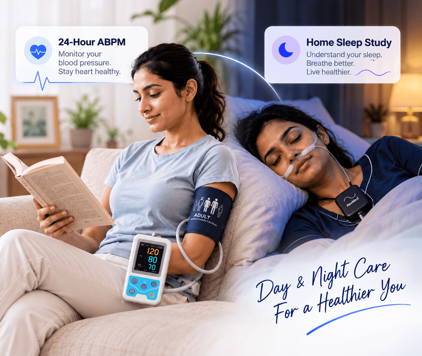 Two women — one with ABPM blood pressure monitor, one with home sleep study device — showing both services available from Sharvi Medical Rentals