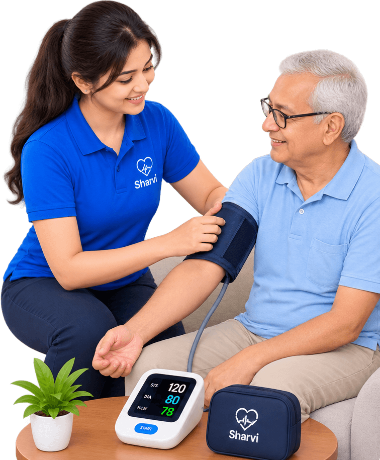Sharvi technician setting up ABPM device on patient at home