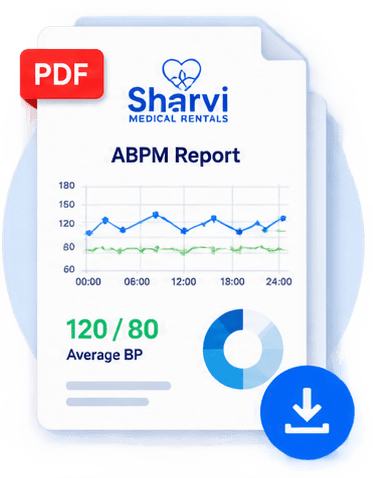PDF ABPM report from Sharvi Medical Rentals showing blood pressure trend chart