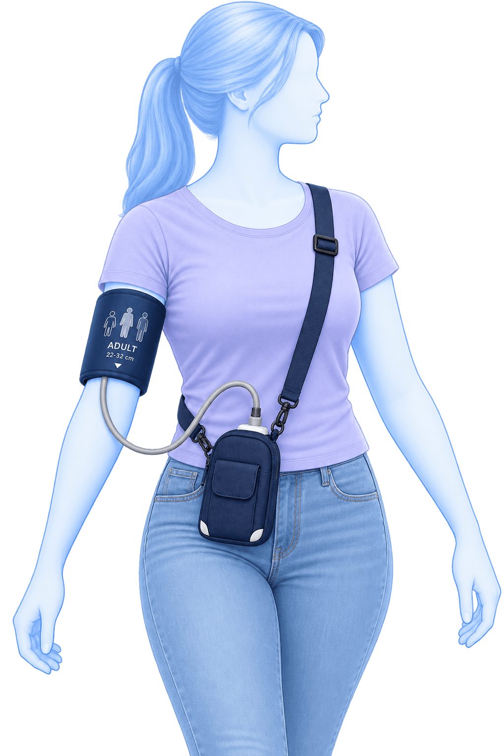 Illustration showing a person wearing an ABPM blood pressure monitoring device with an upper arm cuff and portable monitor